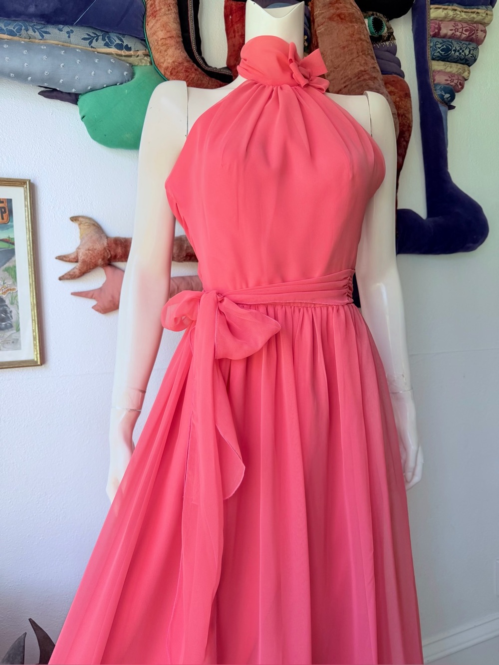 Vintage House of Bianchi  CHIFFON DRESS 60s 1970s Wedding Party Watermelon Pink